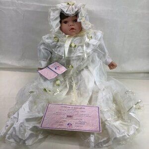J Misa Vinyl Baby Doll In White Baptism Outfit with Pillow